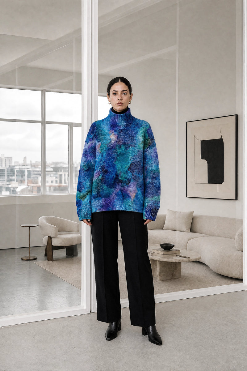 Deborah | Turtleneck Sweater in Blue, studio front view