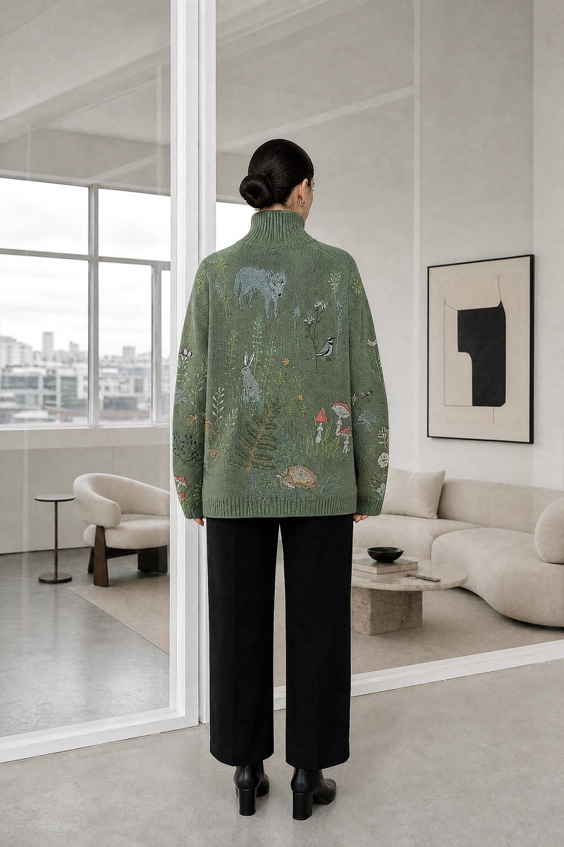 Deborah | Turtleneck Sweater in Green, studio back view