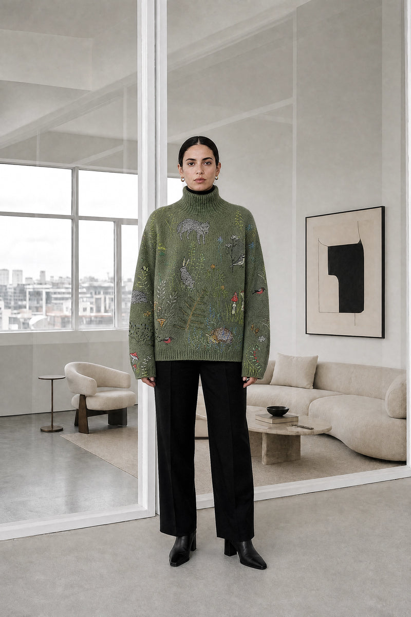 Deborah | Turtleneck Sweater in Green, studio front view