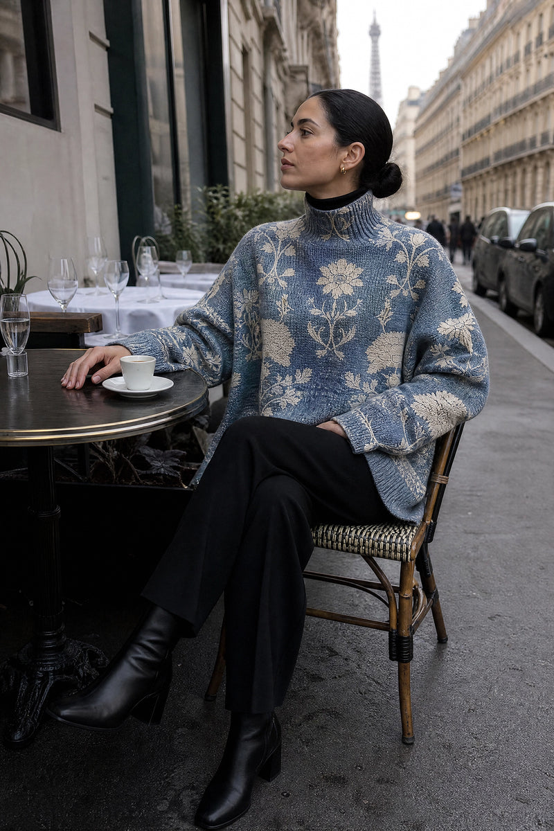 SOFAINE-V7-LIFE-Deborah | Turtleneck Sweater in Light Blue, café scene