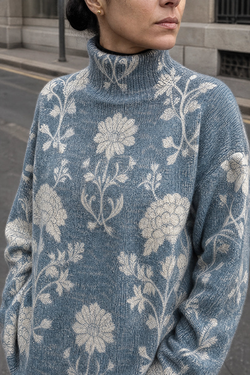 SOFAINE-V7-LIFE-Deborah | Turtleneck Sweater in Light Blue, detail close-up