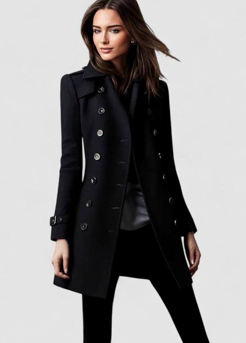 Fitted Double Breasted Wool-Look Coat for Women with Epaulettes in Black, front view