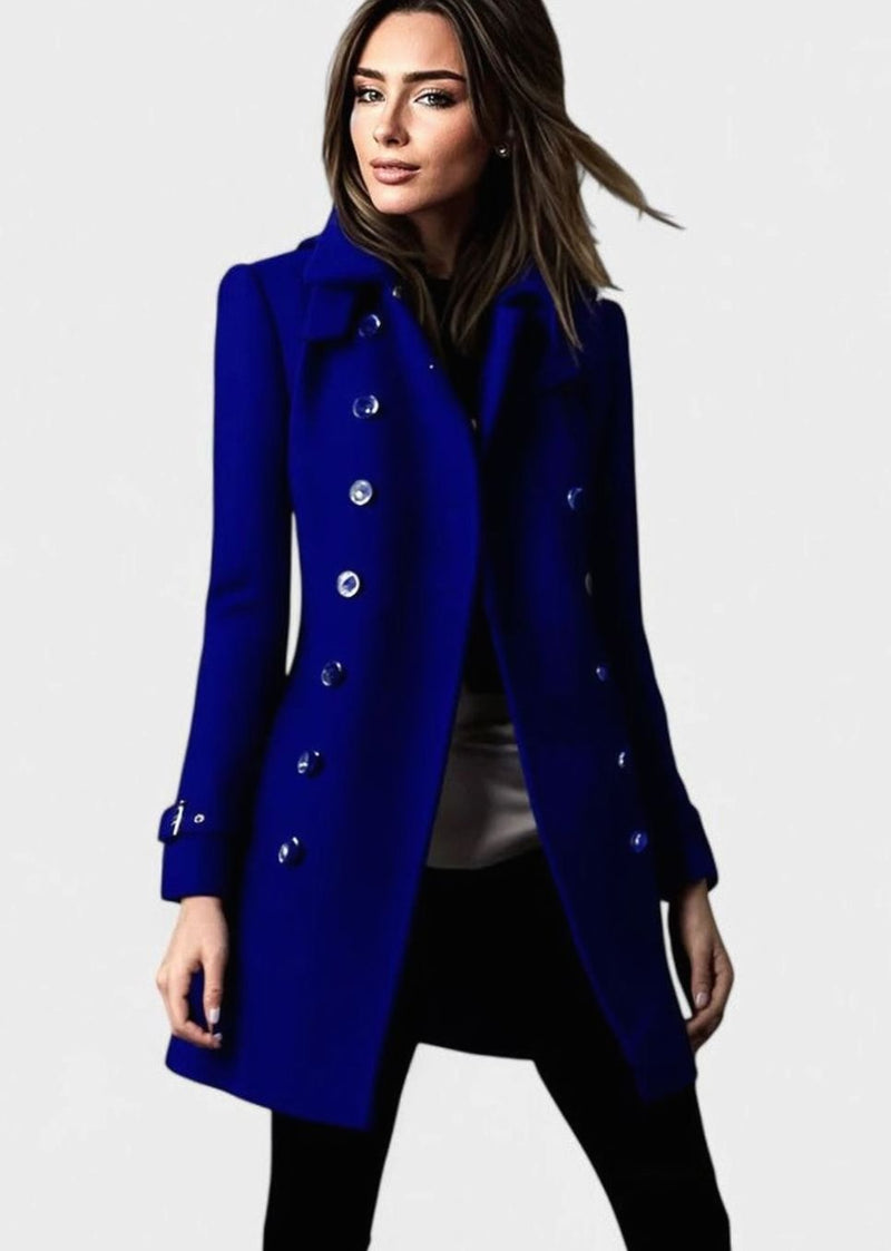 Fitted Double Breasted Wool-Look Coat for Women with Epaulettes in Blue, front view