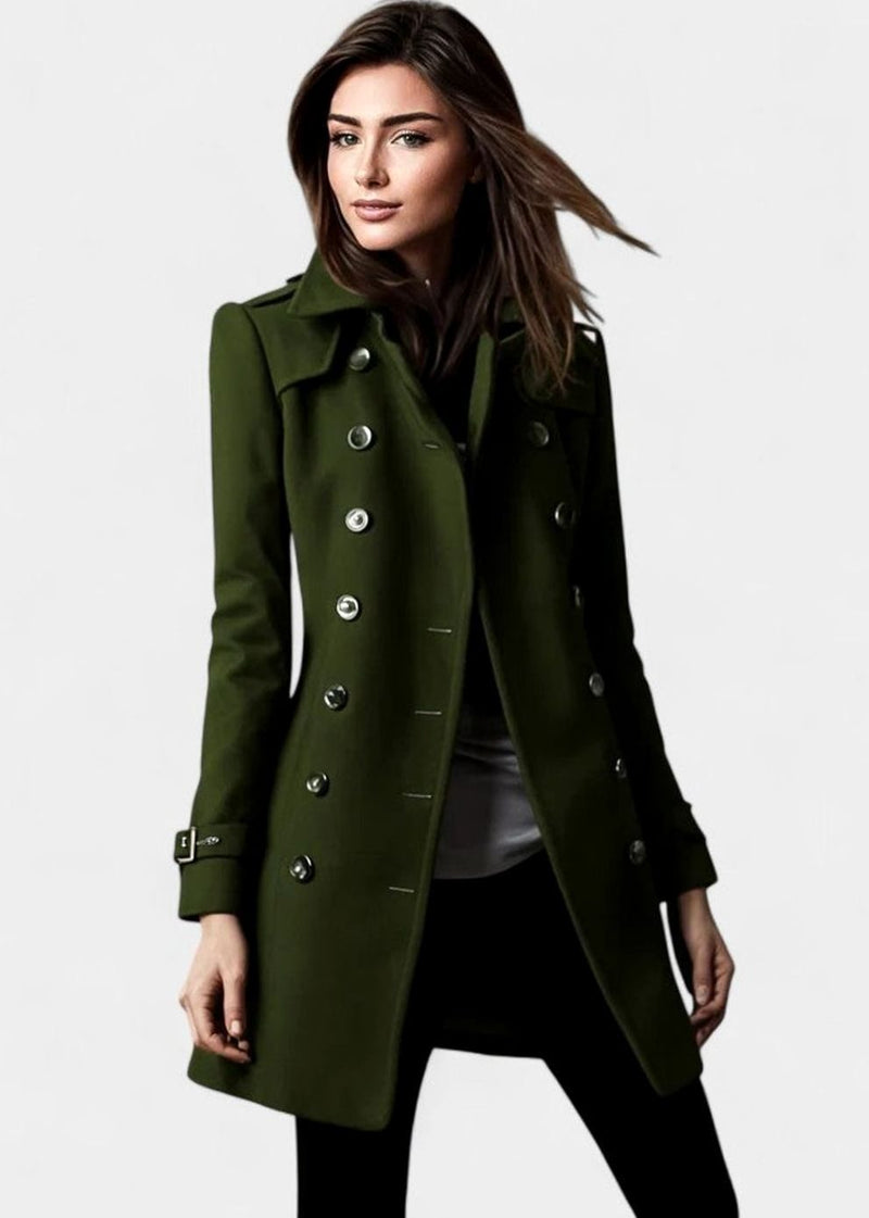 Fitted Double Breasted Wool-Look Coat for Women with Epaulettes in Green, front view