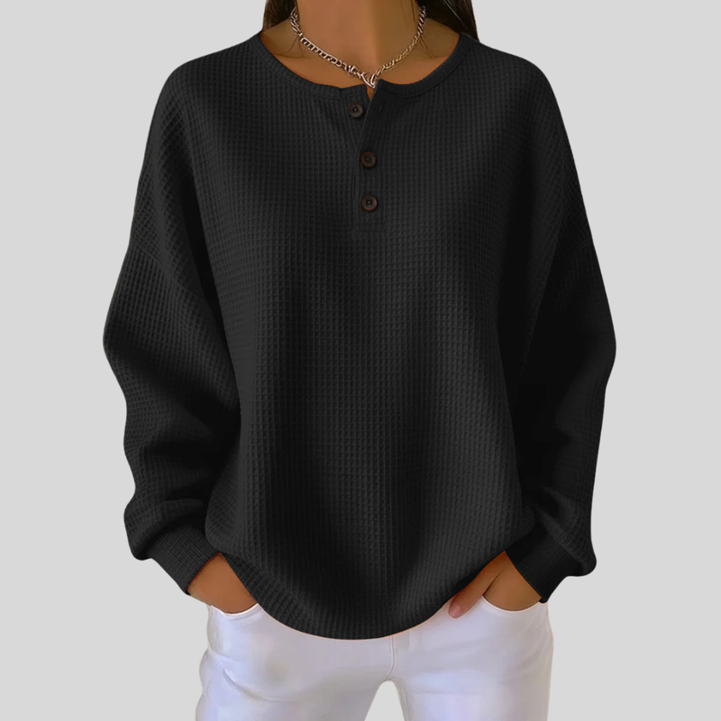 Waffle Knit Henley Shirt for Women with Drop Shoulders and Relaxed Fit in Black, front view