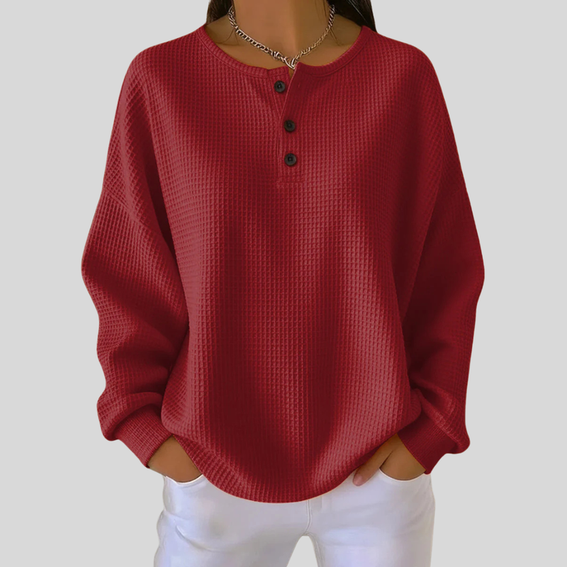 Waffle Knit Henley Shirt for Women with Drop Shoulders and Relaxed Fit in Red, front view