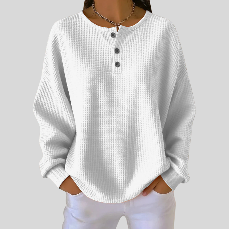 Waffle Knit Henley Shirt for Women with Drop Shoulders and Relaxed Fit in White, front view