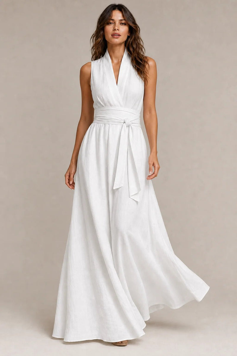 Sofaine Delphine white linen belted maxi dress with flowing skirt, styled full look