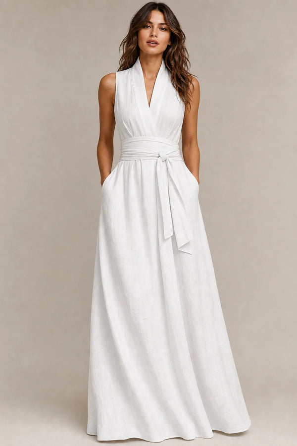 Sofaine Delphine sleeveless linen belted maxi dress in white, worn front view