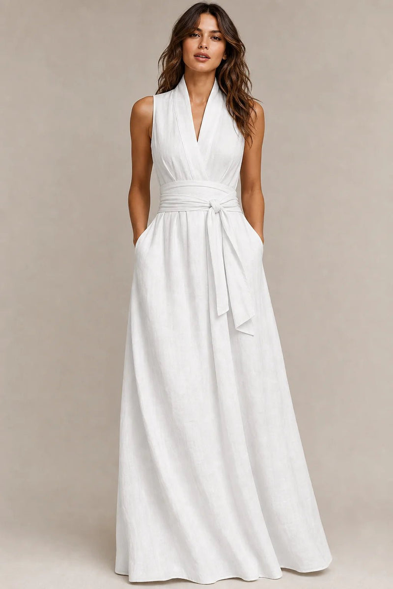 Sofaine Delphine sleeveless linen belted maxi dress in white, worn front view
