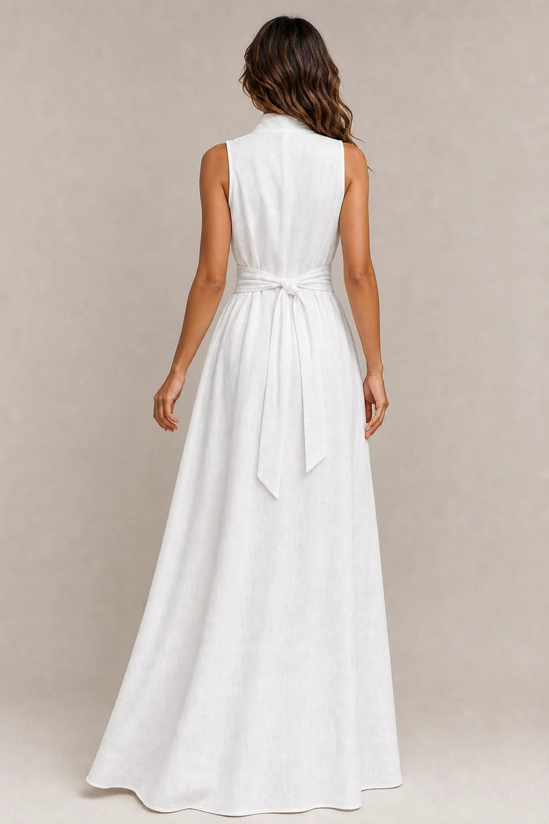 Sofaine Delphine white linen maxi dress, back view with tied waist bow