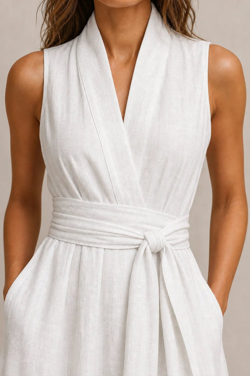 Sofaine Delphine linen maxi dress in white, close-up detail of wrap neckline and knotted belt