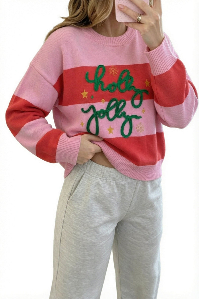 Holly Jolly Christmas Sweater for Women with Sequin Accents in Pink Stripe, cutout front view