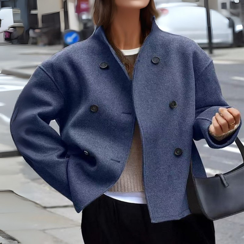 Cropped Double Breasted Wool-Look Coat for Women with Stand Collar in Blue, front view