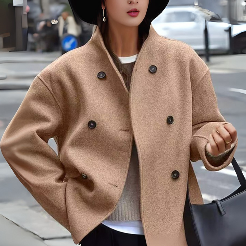 Cropped Double Breasted Wool-Look Coat for Women with Stand Collar in Camel, front view