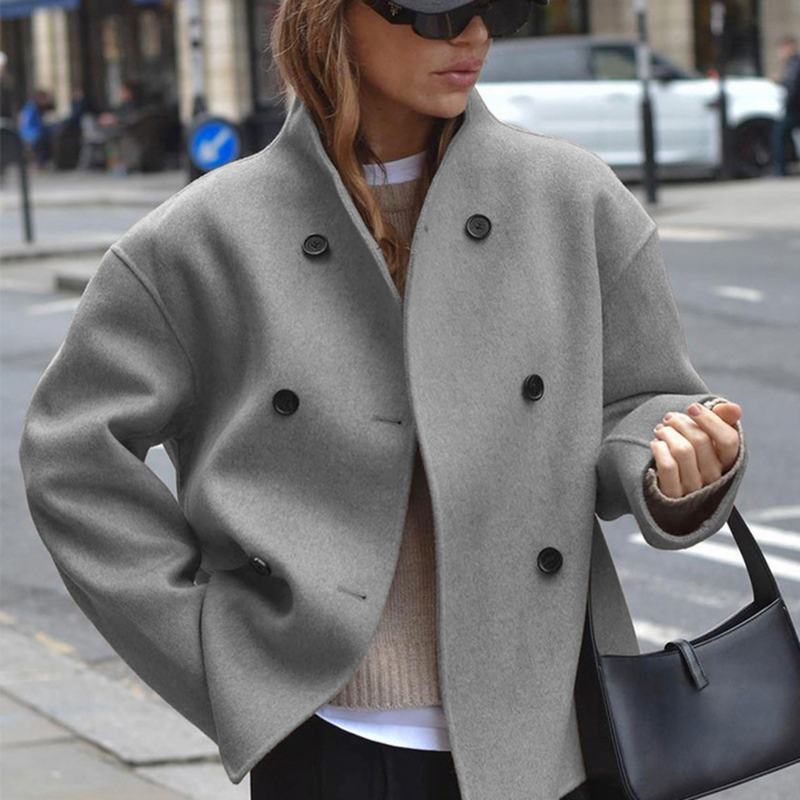 Cropped Double Breasted Wool-Look Coat for Women with Stand Collar in Gray, front view