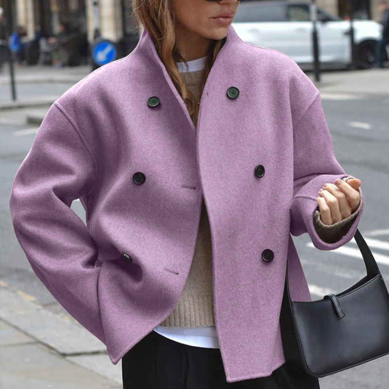 Cropped Double Breasted Wool-Look Coat for Women with Stand Collar in Purple, front view