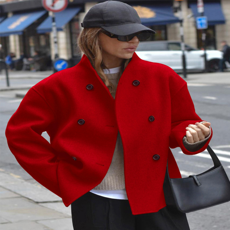 Cropped Double Breasted Wool-Look Coat for Women with Stand Collar in Red, front view