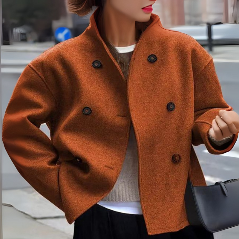 Cropped Double Breasted Wool-Look Coat for Women with Stand Collar in Rust, front view