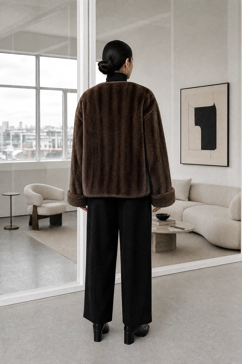 Desiree | Faux Fur Jacket in Coffee, studio back view