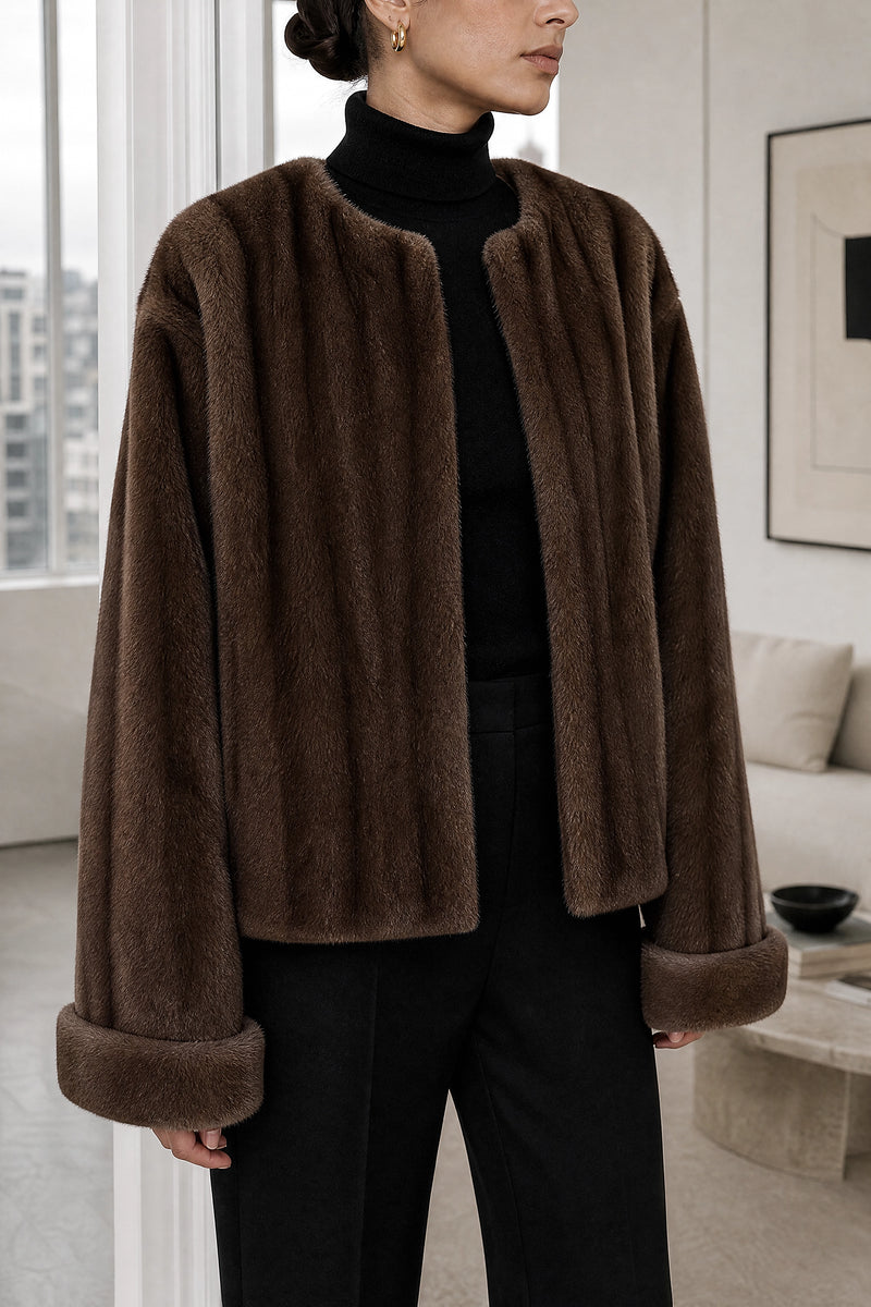 Desiree | Faux Fur Jacket in Coffee, fabric close-up