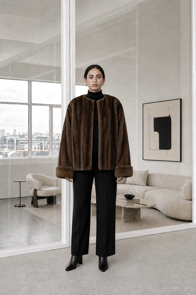 Desiree | Faux Fur Jacket in Coffee, studio front view