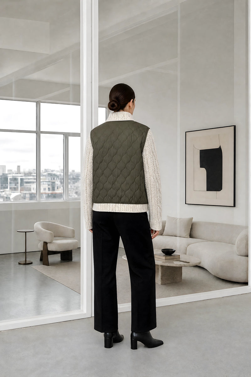Diane | Quilted Parka Jacket in Army Green, studio back