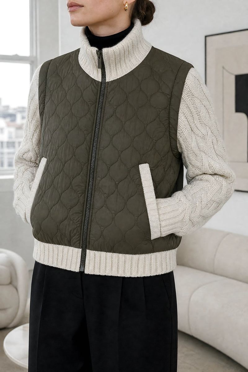 Diane | Quilted Parka Jacket in Army Green, studio close-up