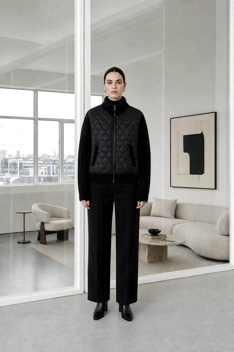 Diane | Quilted Parka Jacket in Black, studio front