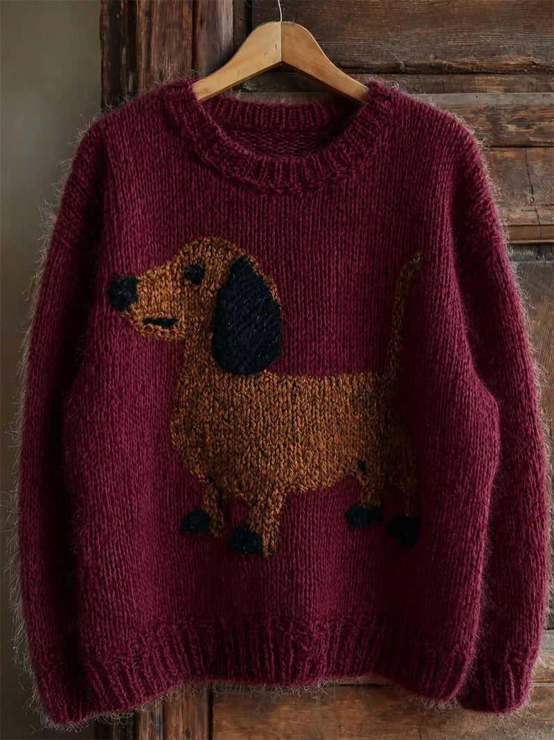 Dachshund Chunky Knit Sweater for Women with Crew Neck and Drop Shoulders in Burgundy, front view