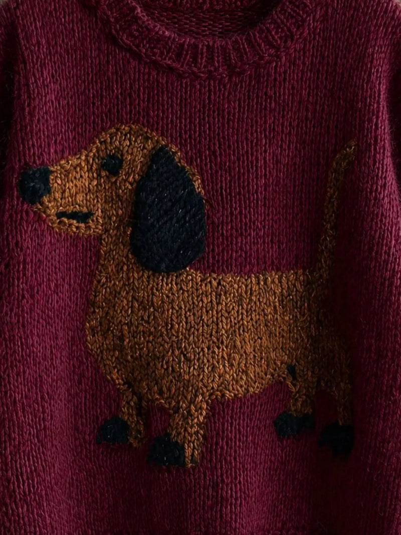 Dachshund Chunky Knit Sweater for Women with Crew Neck and Drop Shoulders in Burgundy, motif close-up