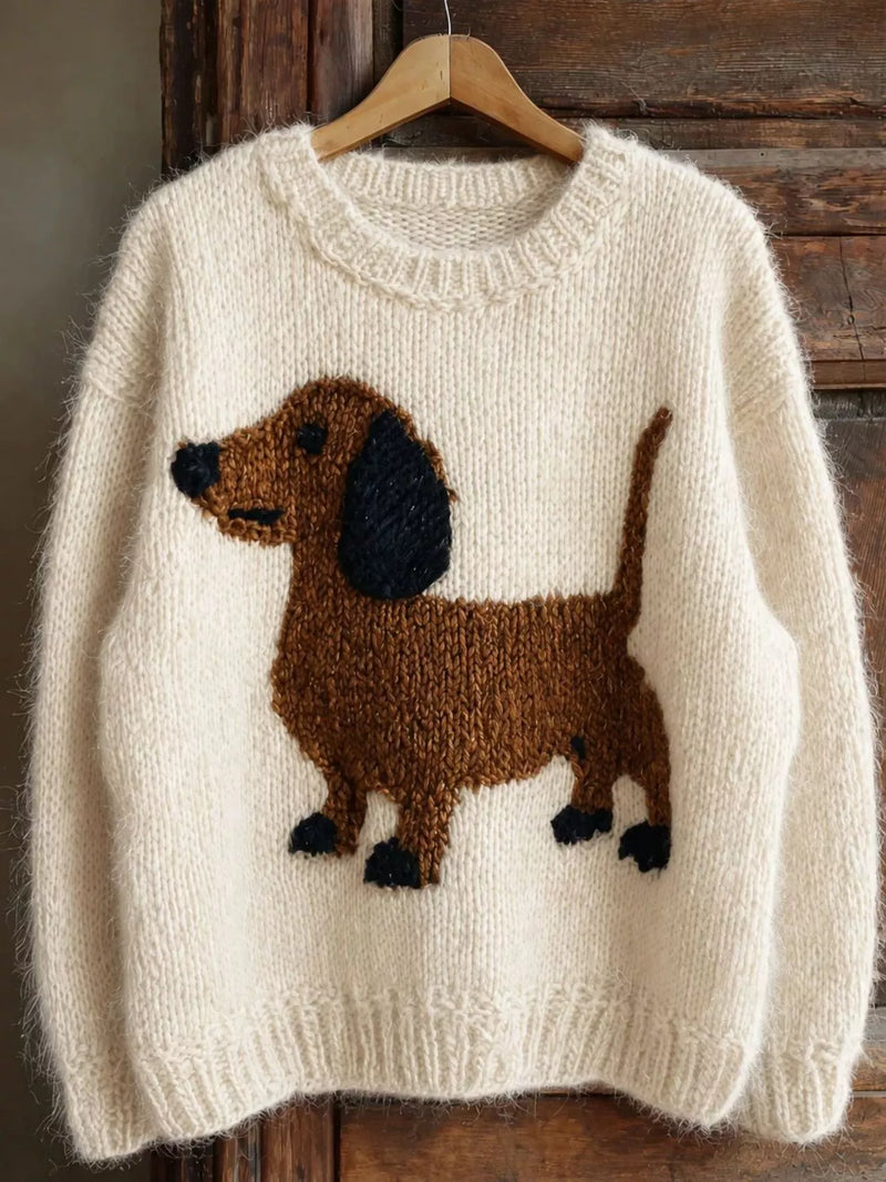 Dachshund Chunky Knit Sweater for Women with Crew Neck and Drop Shoulders in Cream, front view