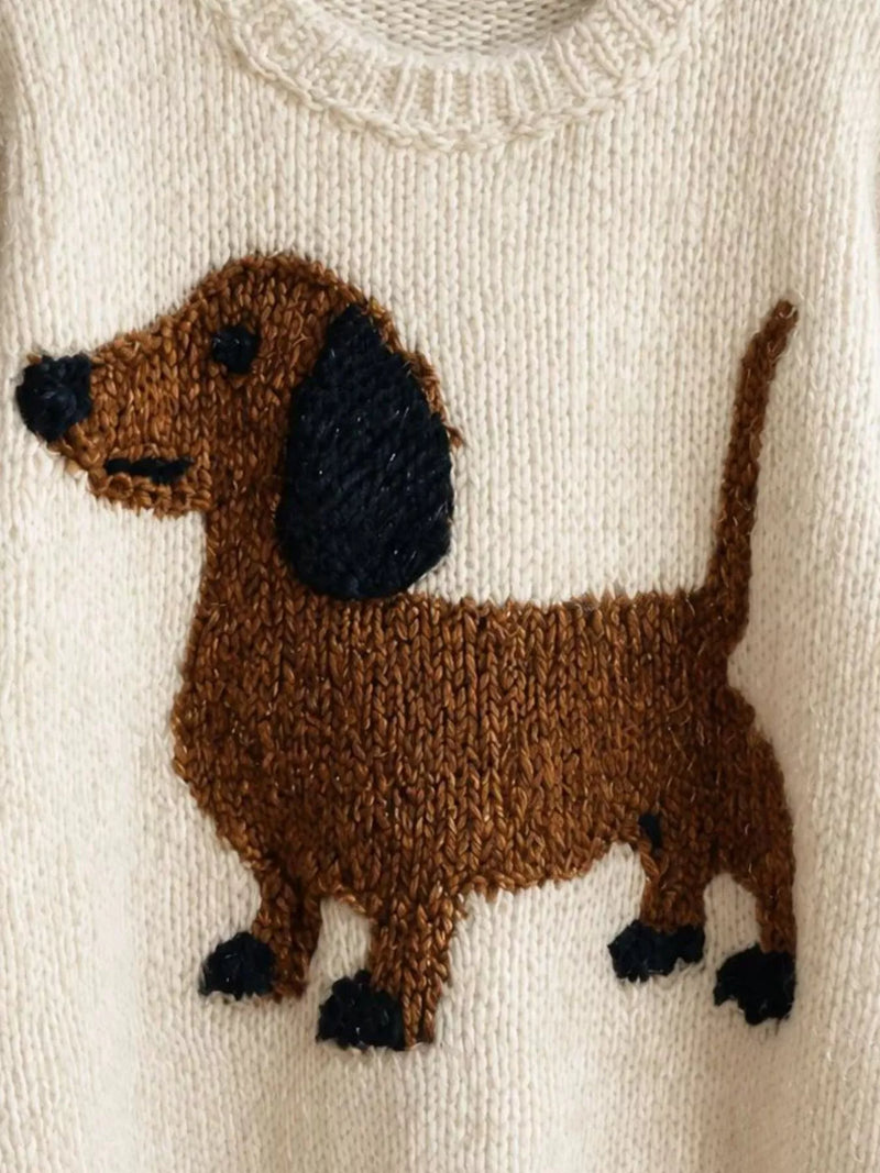 Dachshund Chunky Knit Sweater for Women with Crew Neck and Drop Shoulders in Cream, motif close-up