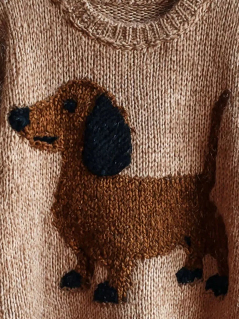 Dachshund Chunky Knit Sweater for Women with Crew Neck and Drop Shoulders in Tan, motif close-up