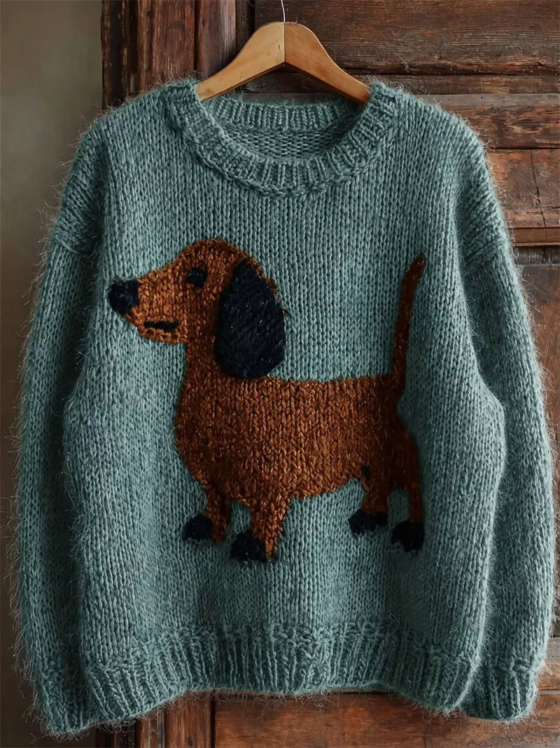 Dachshund Chunky Knit Sweater for Women with Crew Neck and Drop Shoulders in Teal, front view