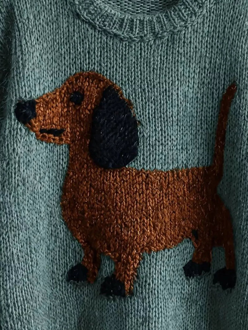 Dachshund Chunky Knit Sweater for Women with Crew Neck and Drop Shoulders in Teal, motif close-up