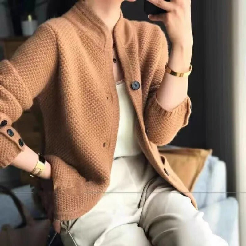 Textured Knit Cardigan Jacket for Women with Stand Collar and Button Cuffs in Brown, front view