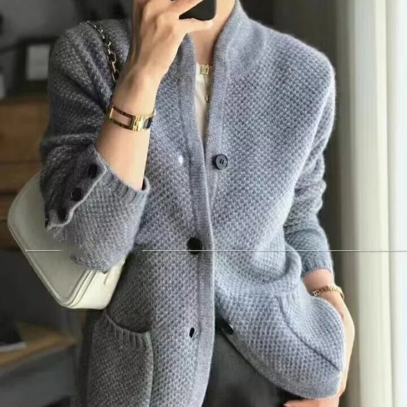 Textured Knit Cardigan Jacket for Women with Stand Collar and Button Cuffs in Gray, front view