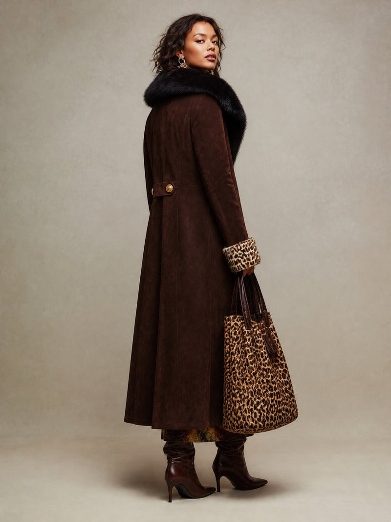 Long Faux Fur Collar Coat for Women with Leopard Print Cuffs in Brown, back view