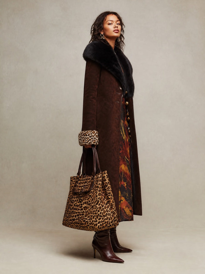 Long Faux Fur Collar Coat for Women with Leopard Print Cuffs in Brown, side view
