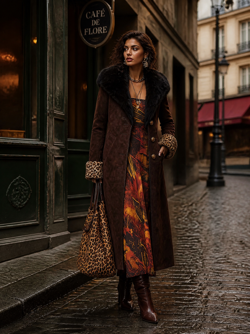 Long Faux Fur Collar Coat for Women with Leopard Print Cuffs in Brown, street style view