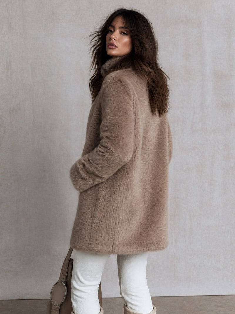 Plush Faux Fur Coat for Women with Buckle Stand Collar in Taupe, back view
