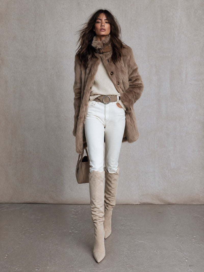 Plush Faux Fur Coat for Women with Buckle Stand Collar in Taupe, full length view