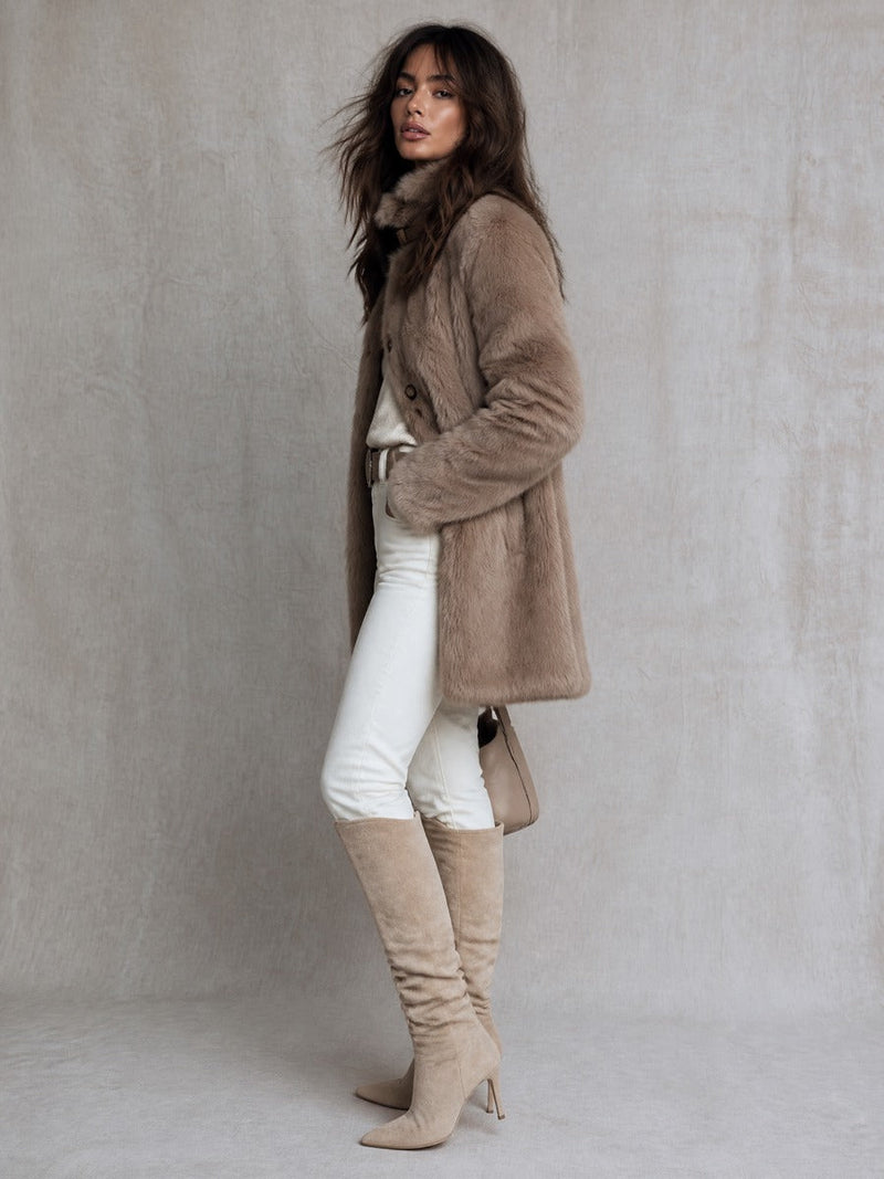 Plush Faux Fur Coat for Women with Buckle Stand Collar in Taupe, side view