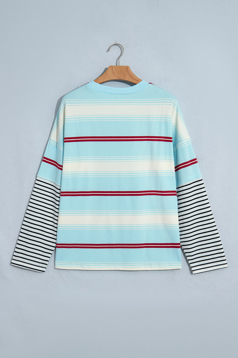 Striped Long Sleeve Top for Women with Contrast Striped Sleeves in Sky Blue Stripe, back view on hanger