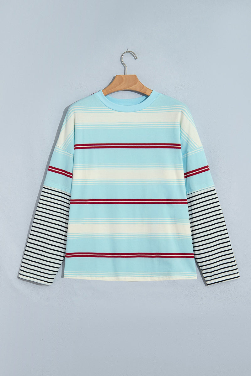 Striped Long Sleeve Top for Women with Contrast Striped Sleeves in Sky Blue Stripe, front view on hanger