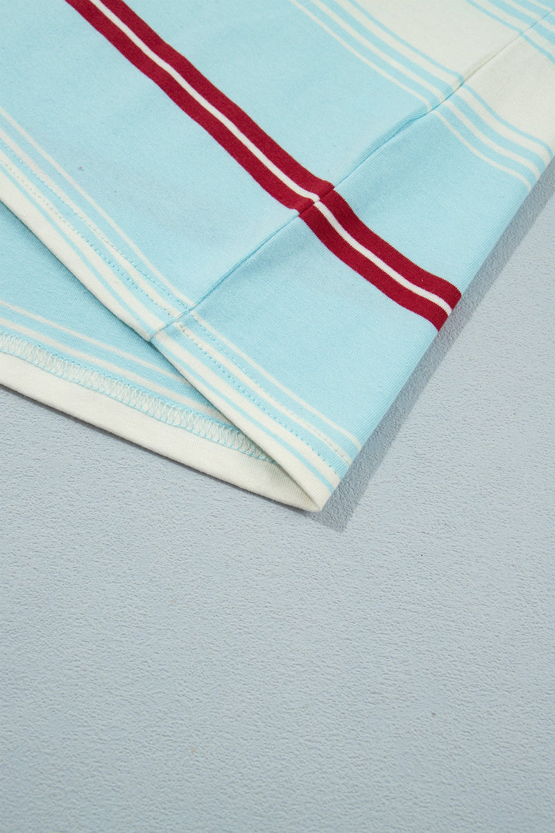 Striped Long Sleeve Top for Women with Contrast Striped Sleeves in Sky Blue Stripe, hem detail