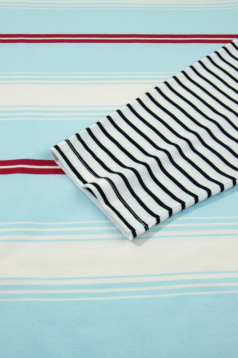 Striped Long Sleeve Top for Women with Contrast Striped Sleeves in Sky Blue Stripe, sleeve detail