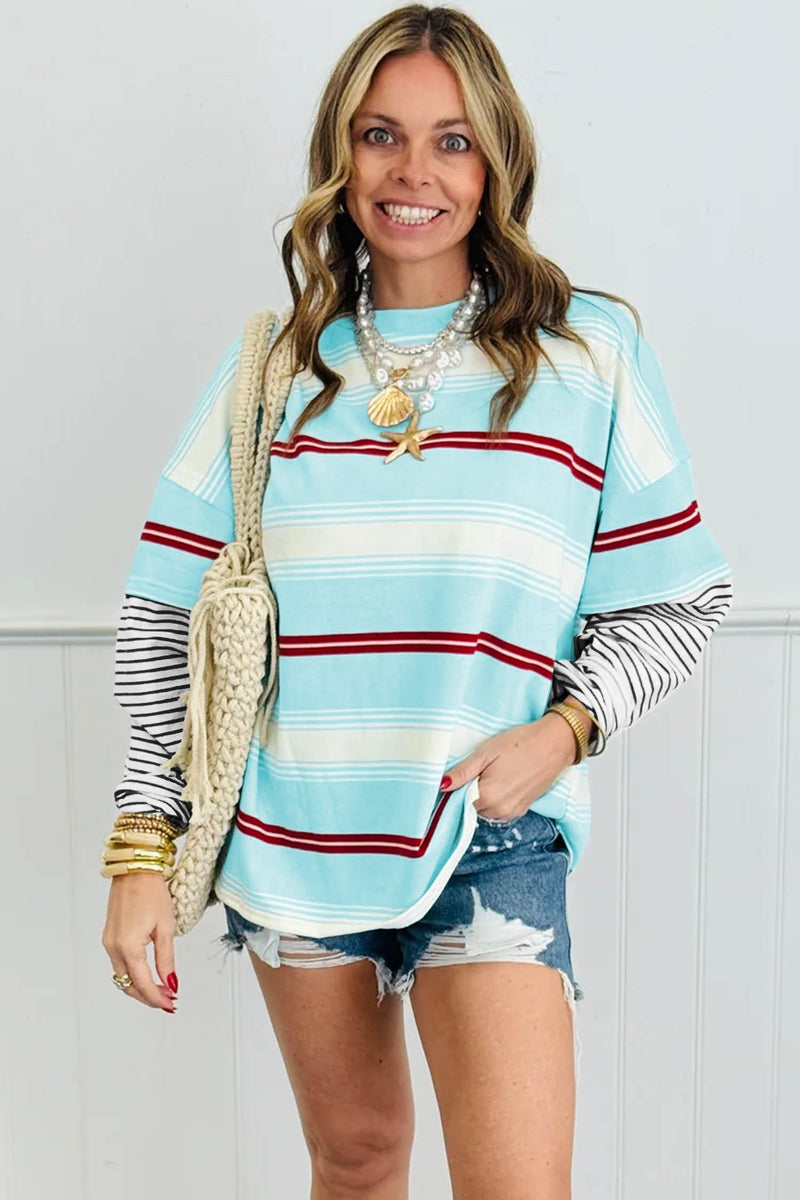 Striped Long Sleeve Top for Women with Contrast Striped Sleeves in Sky Blue Stripe, styled view