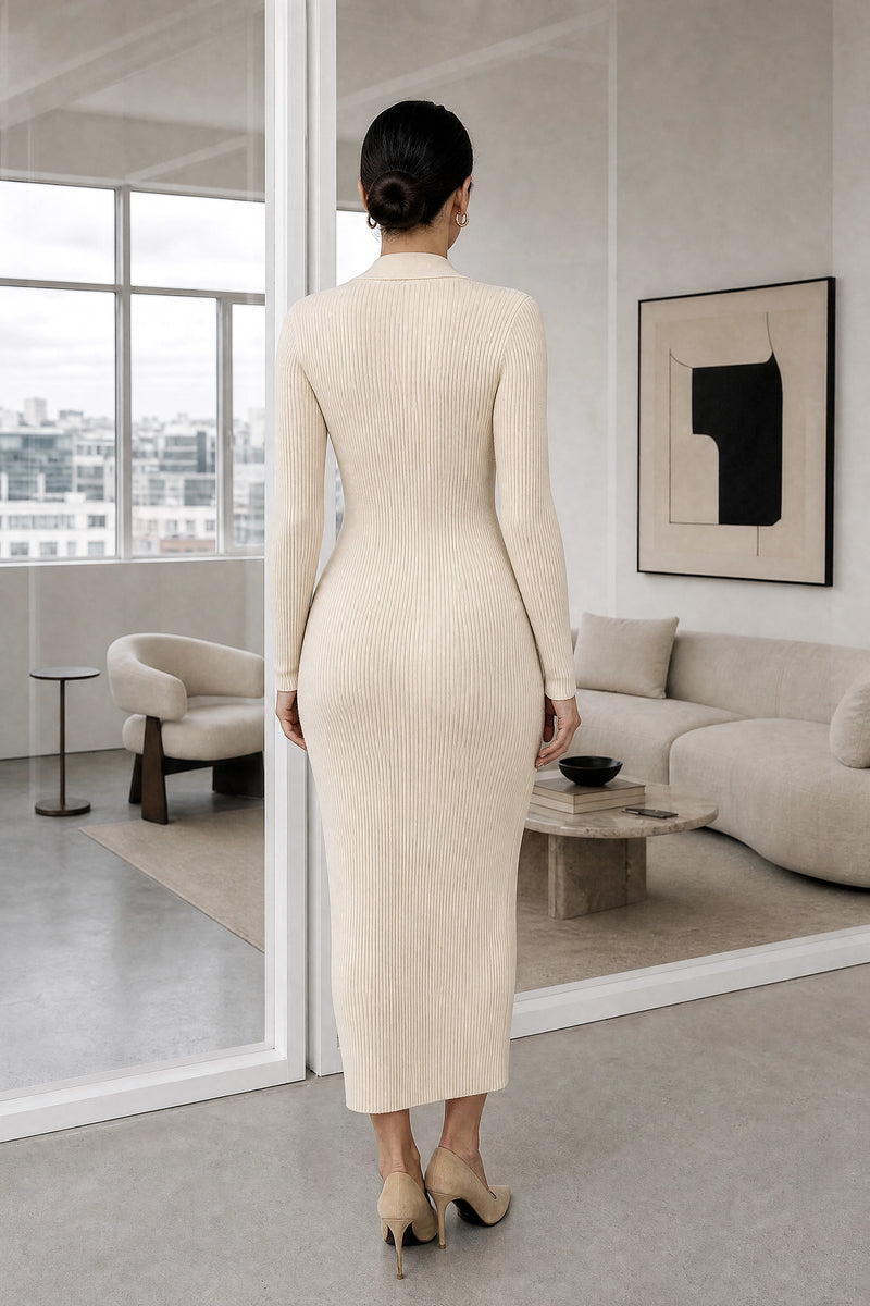 Dorothy | Knit Midi Dress in Beige, studio back view